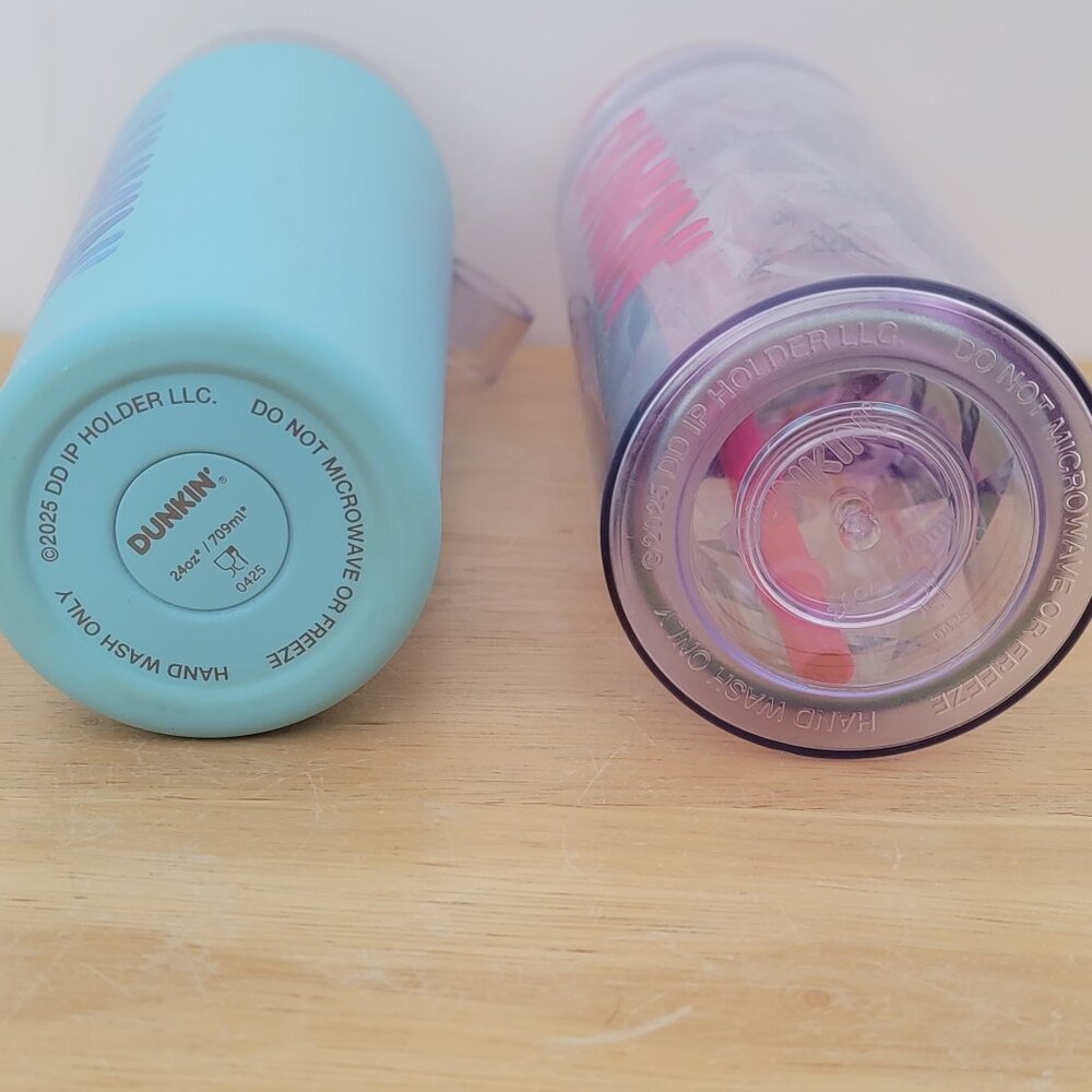 2 Rare Dunkin' 2025 24oz. Tumblers. Pink Chiseled Ice & Blue Soft Touch. - Picture 7 of 7